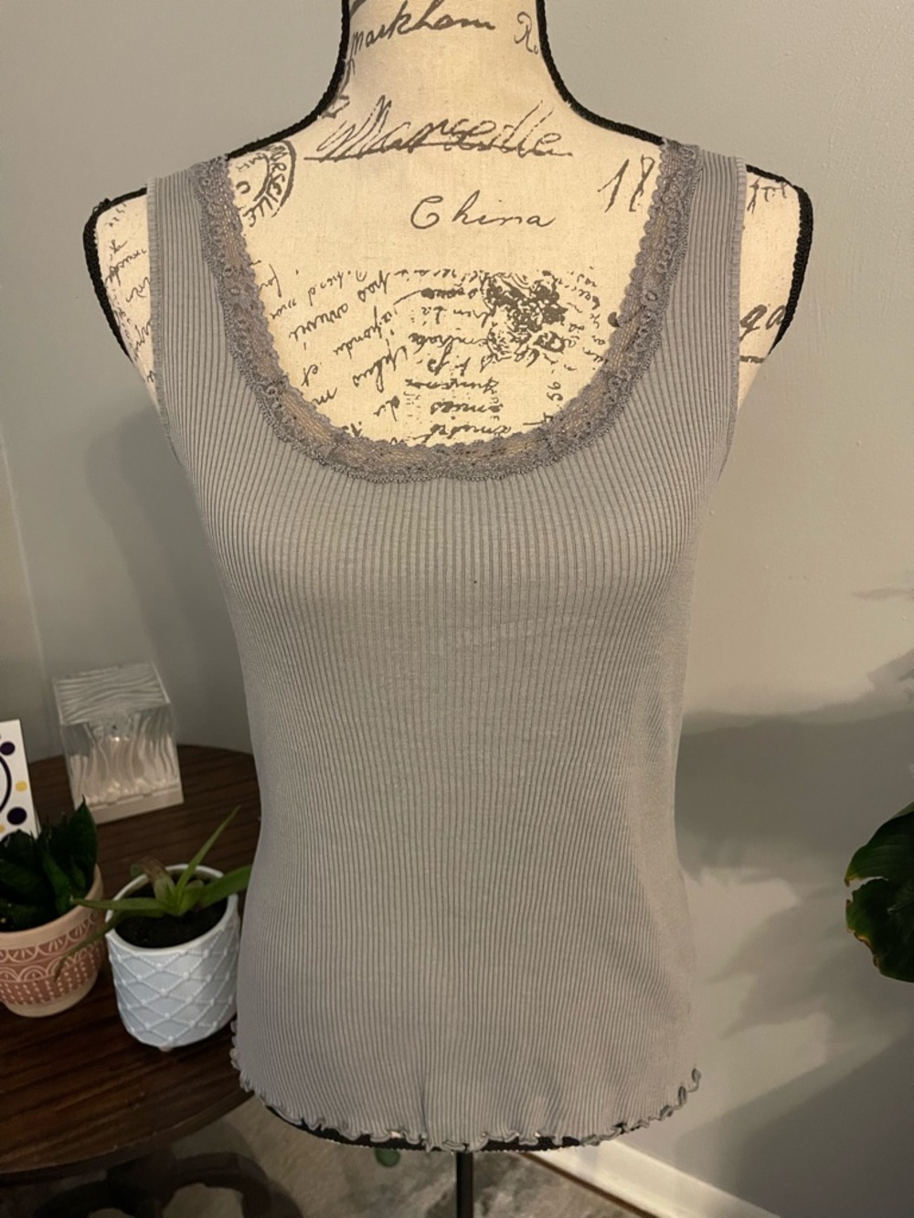Source Unknown Ribbed Lace-Trim Tank Top - Gray